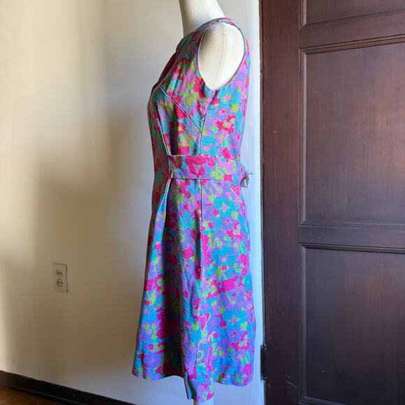 1960s Vintage Handmade Pink and Blue Floral Linen High Neck Shift Dress | Medium - Picture 3 of 7